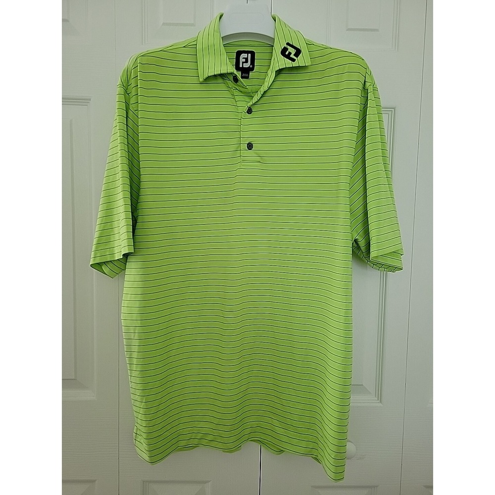 Footjoy FJ Polo Shirt Mens Medium Lime Green Stripe Stretch Golf 46" Measurement
